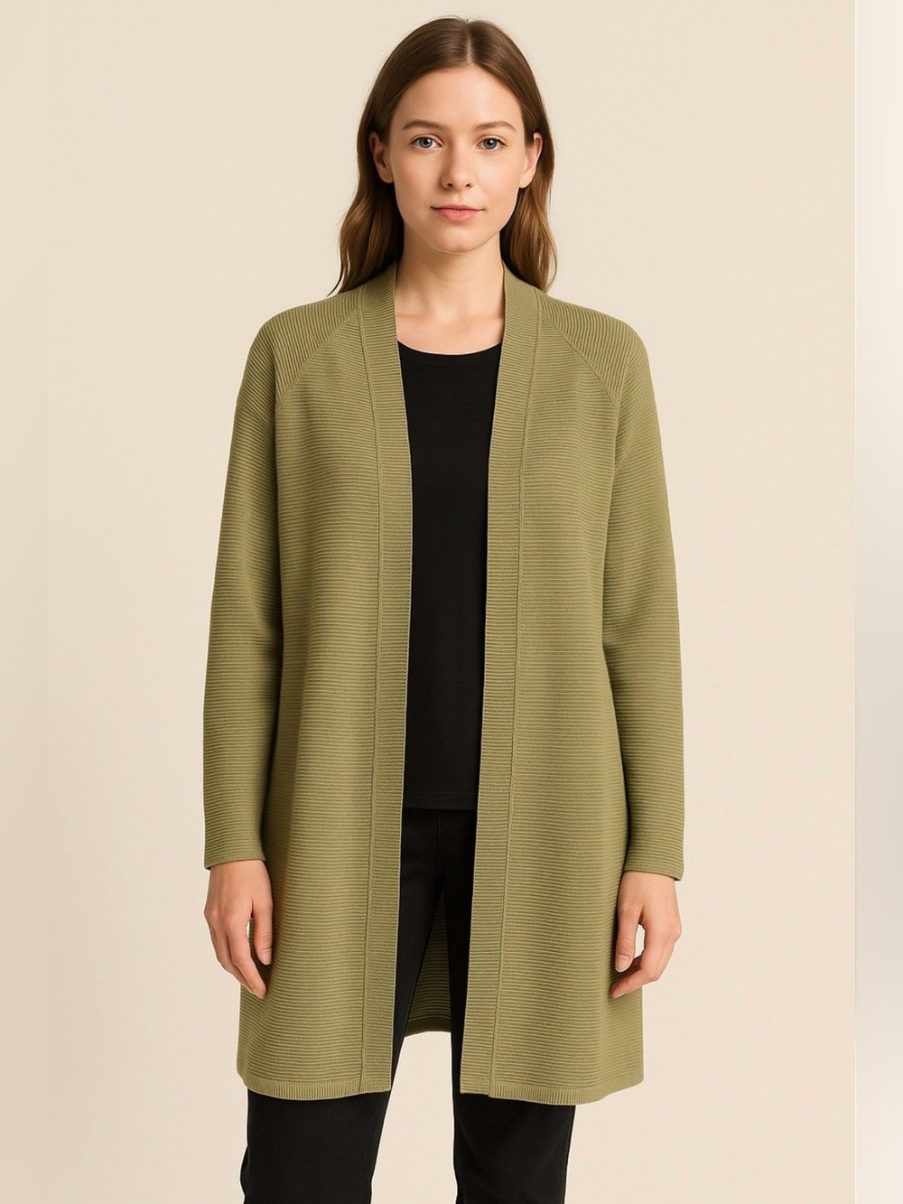 Eileen Fisher Green Ribbed Open-Front Long Cardigan Sweater Relaxed Size M
